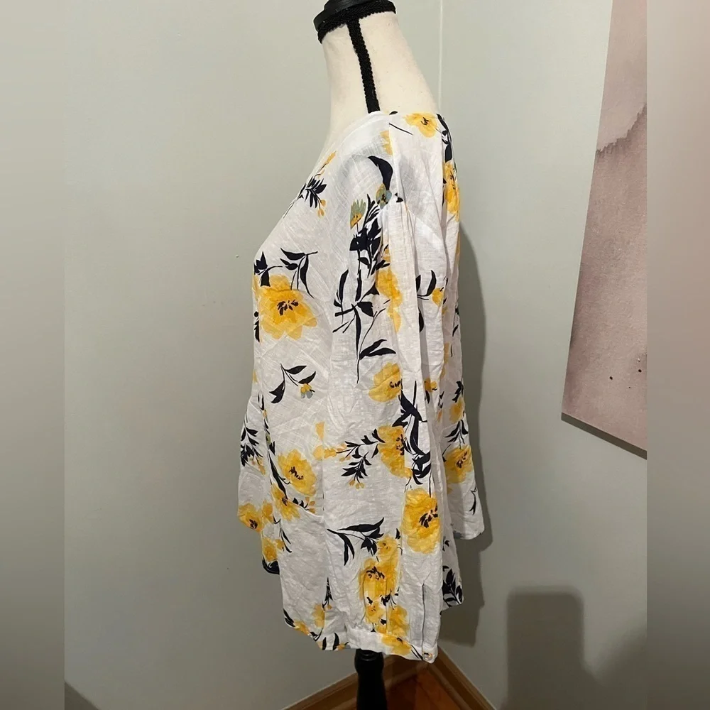 Liz Claiborne Top Womens XL 3/4” Button Peplum Floral Yellow Black White NWT